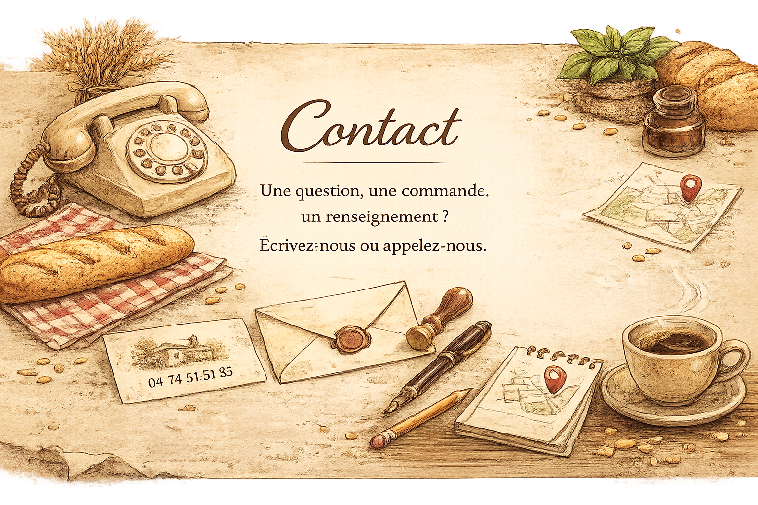 Illustration contact — téléphone, courrier et café
