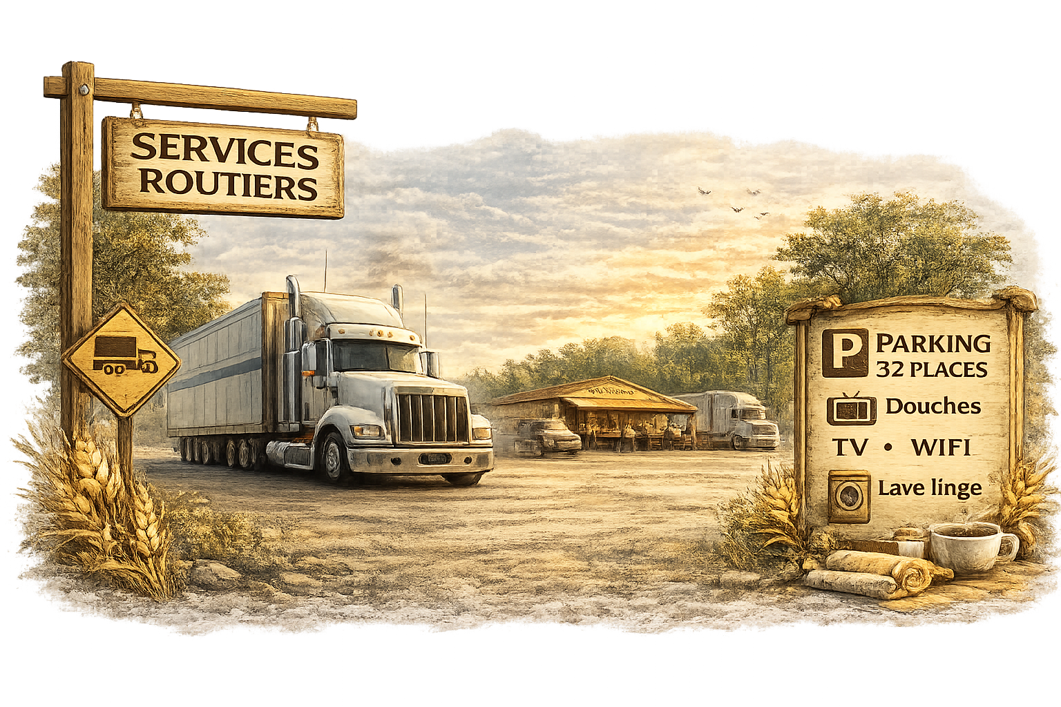 Services routiers : parking poids lourds, douches, wifi, lave-linge