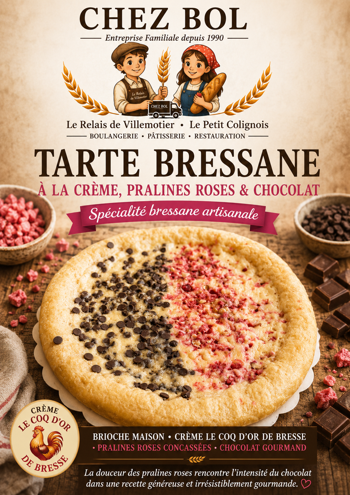 Tarte Bressane à la Crème, Pralines Roses & Chocolat